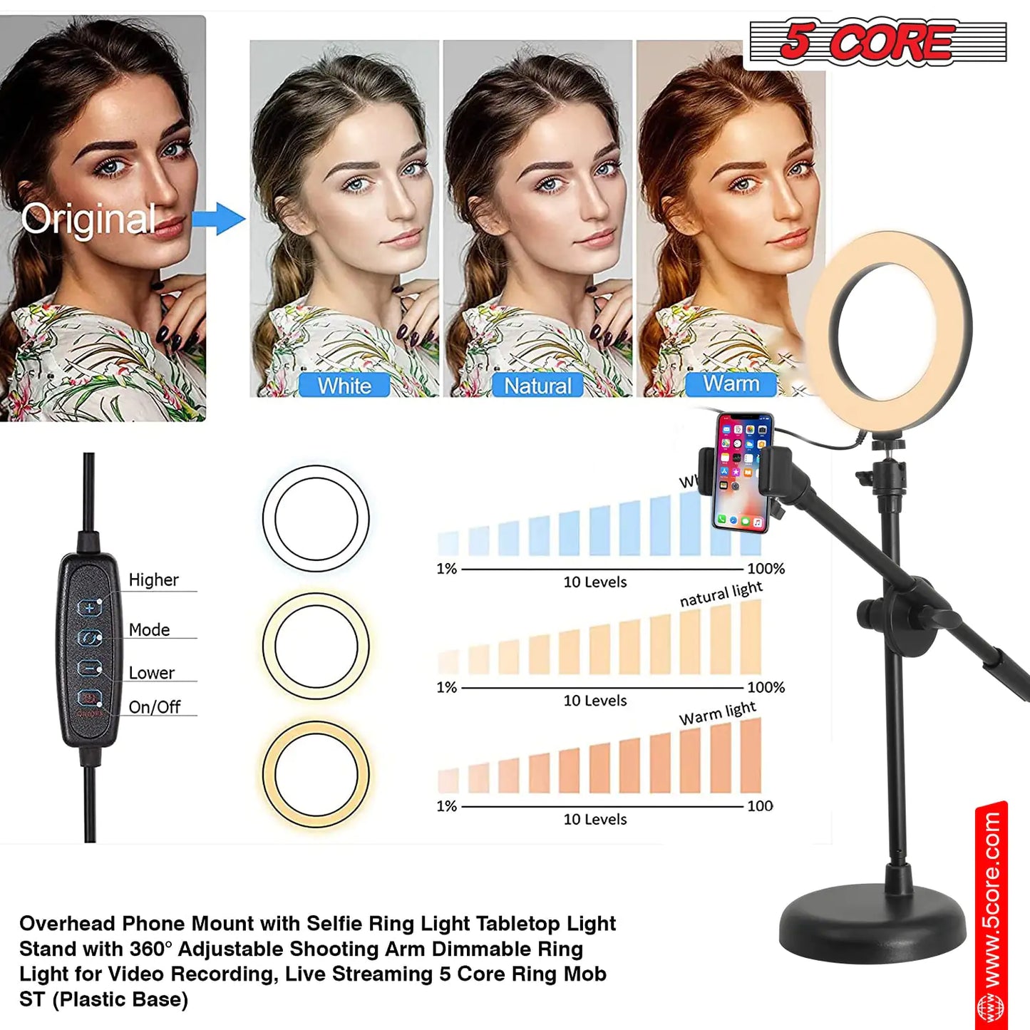 6 inch Ring Light with Cell Phone Stand Adjustable Ringlight Angle LED Circle Light w Phone Holder