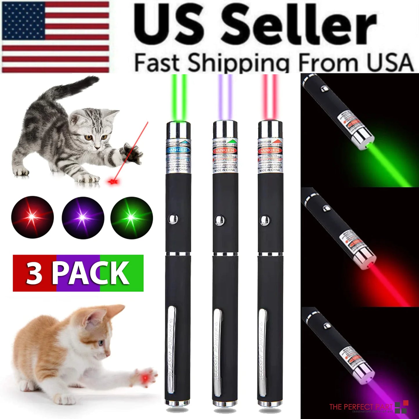 3 Packs 900Mile Laser Pointer Pen Green Blue Red Light Visible Beam Lazer Grab-A-Gadget